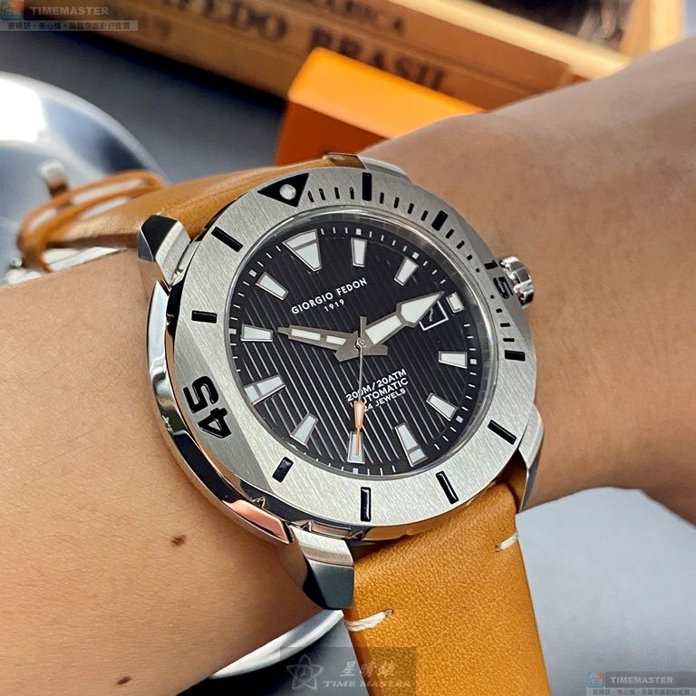 [星晴錶業]GiorgioFedon1919手錶,46mm,GF00031黑色錶面銀錶殼咖啡色真皮皮革錶帶款, , large