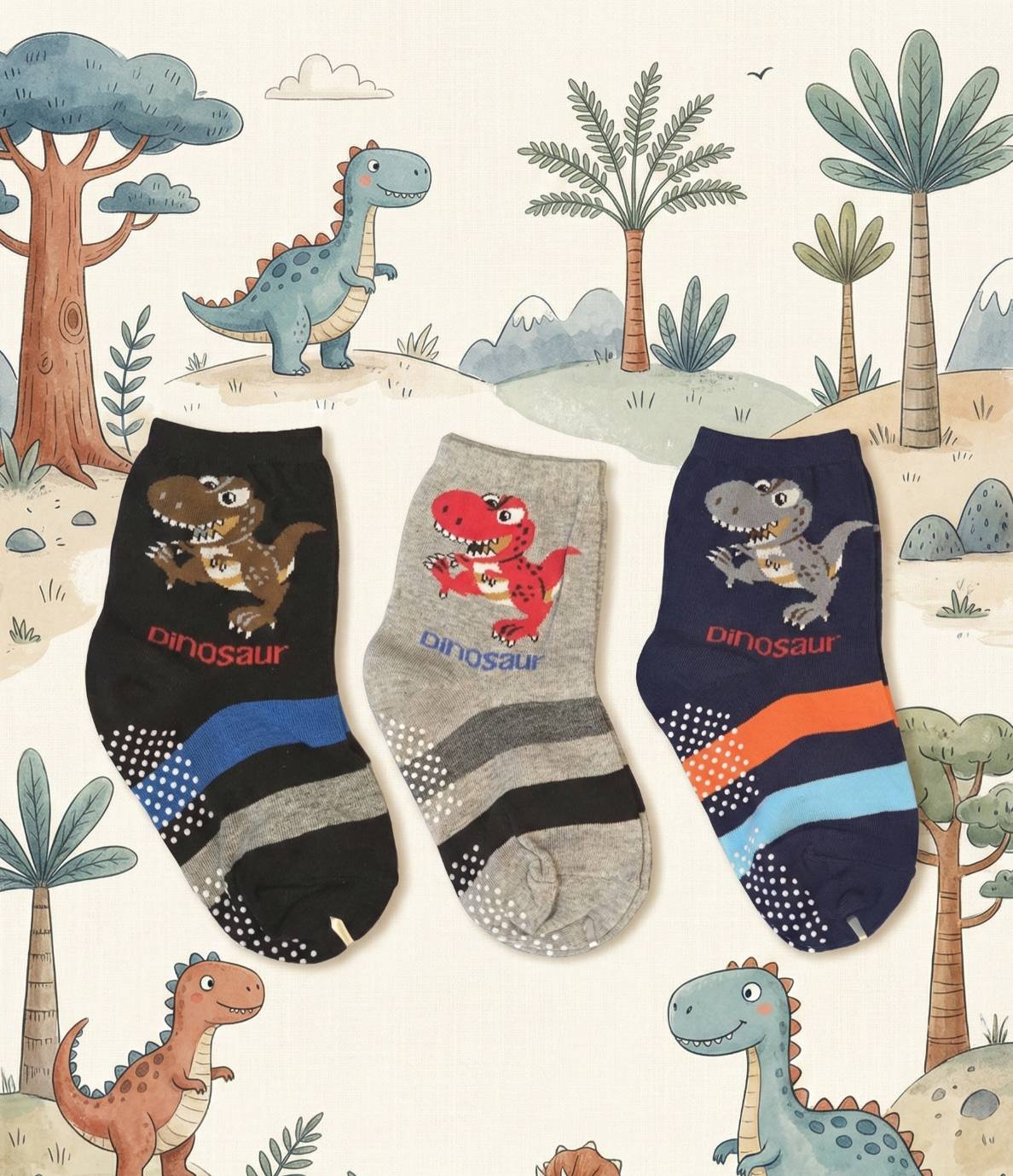 [Kaimei Cotton] 10 pairs of random excellent MIT Taiwan made pure cotton non-slip children's socks-Tyrannosaurus Rex attack children 14-17cm 4-7 years old, , large