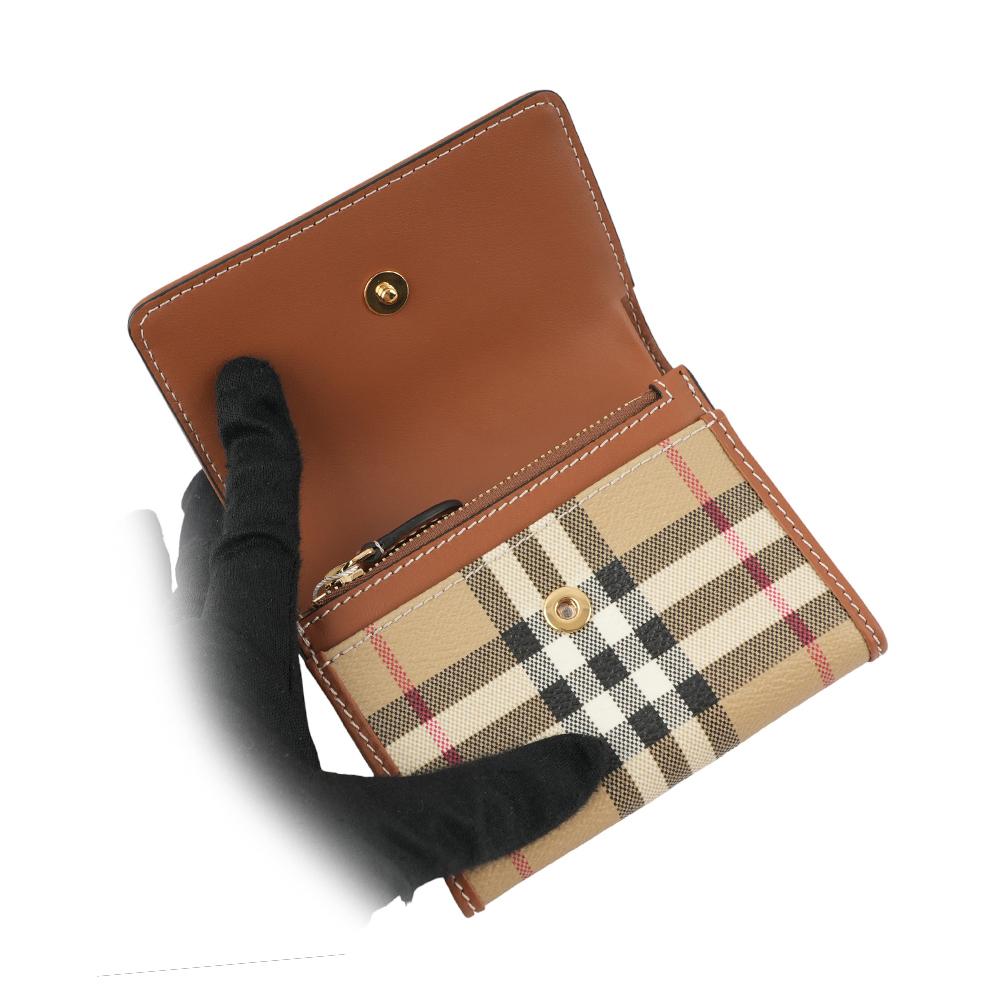 BURBERRY 經典格紋及牛皮三折短夾/經典米色, , large
