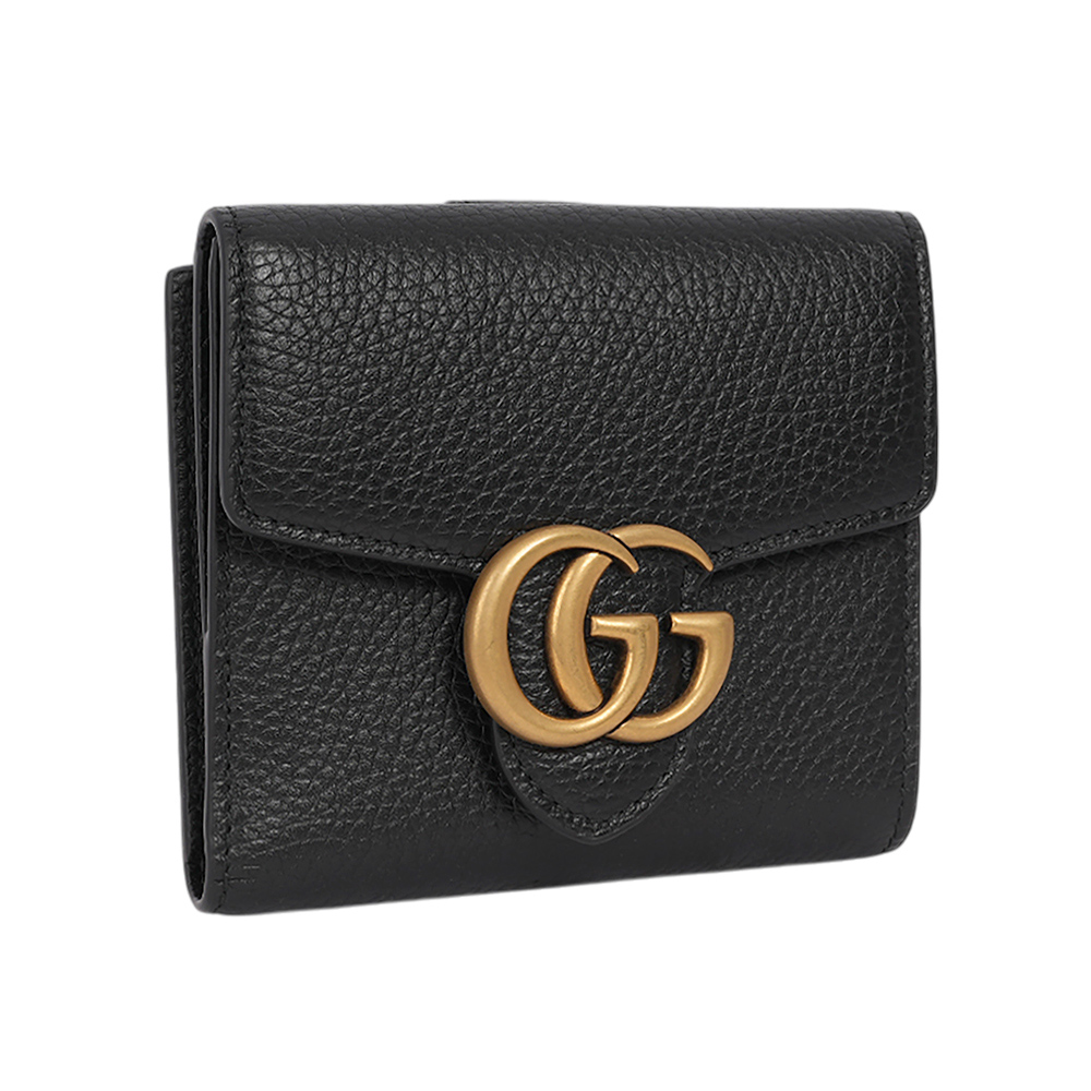 GUCCI  Marmont 金色標誌粒紋皮革釦式二折短夾/黑色, , large