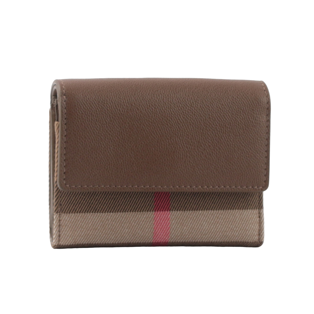 BURBERRY Lancaster 牛皮及帆布格紋三折短夾/土棕色/棕色, , large