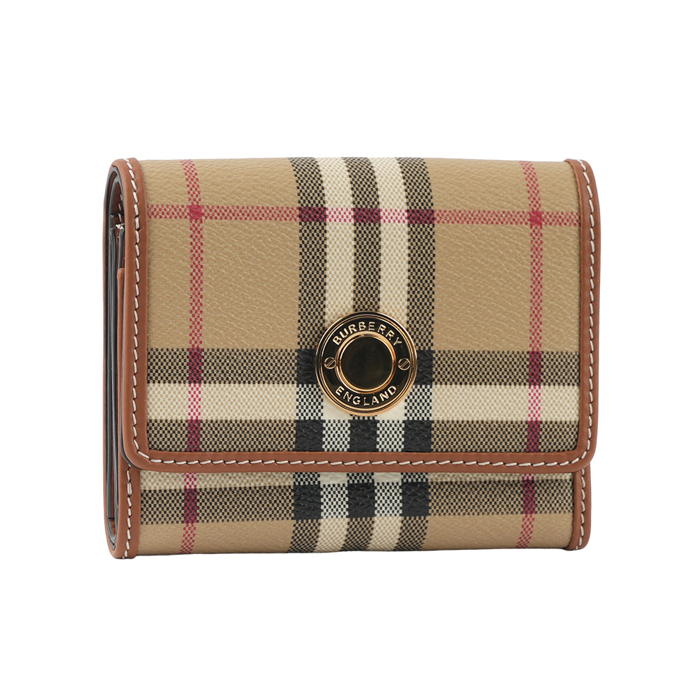 BURBERRY 經典格紋及牛皮三折短夾/經典米色, , large