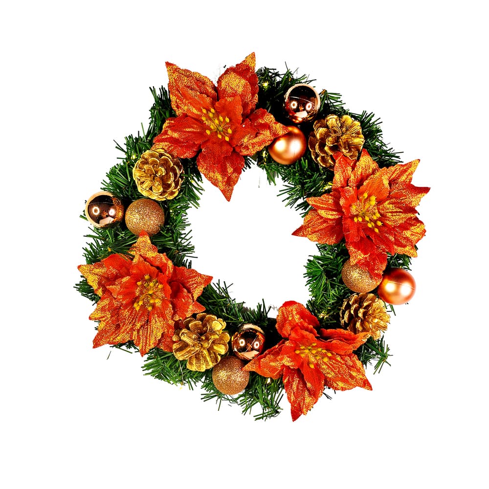 摩達客14吋浪漫朵朵聖誕花豪華綠色聖誕花圈福臨圈_珊瑚紅金系+20燈LED暖白光燈串_本島免運費, , large