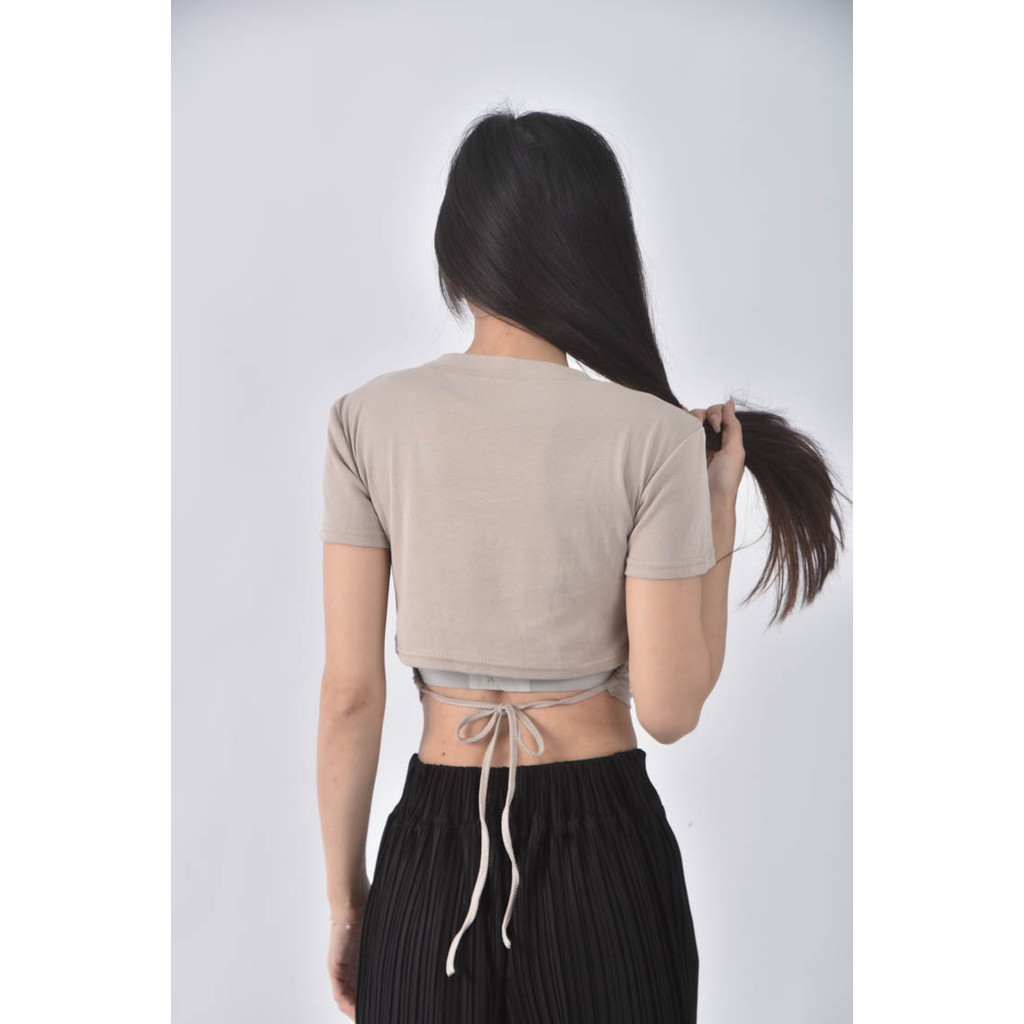 (S) 【粿粿私服】b biu studio修身短版抽繩棕色短袖上衣二手衣, , large