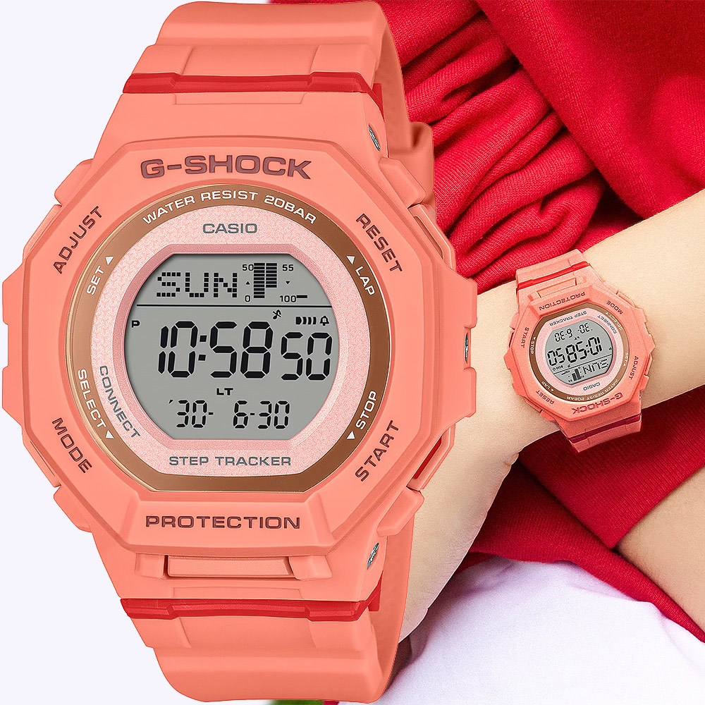 CASIO 卡西歐 G-SHOCK 計步藍芽手錶 清爽色彩女錶-珊瑚橙 GMD-B300SC-4, , large