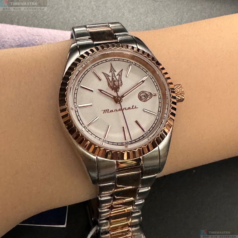 [星晴錶業]MASERATI手錶,30mm,R8853100504白色錶面玫瑰金錶殼金銀相間精鋼錶帶款, , large