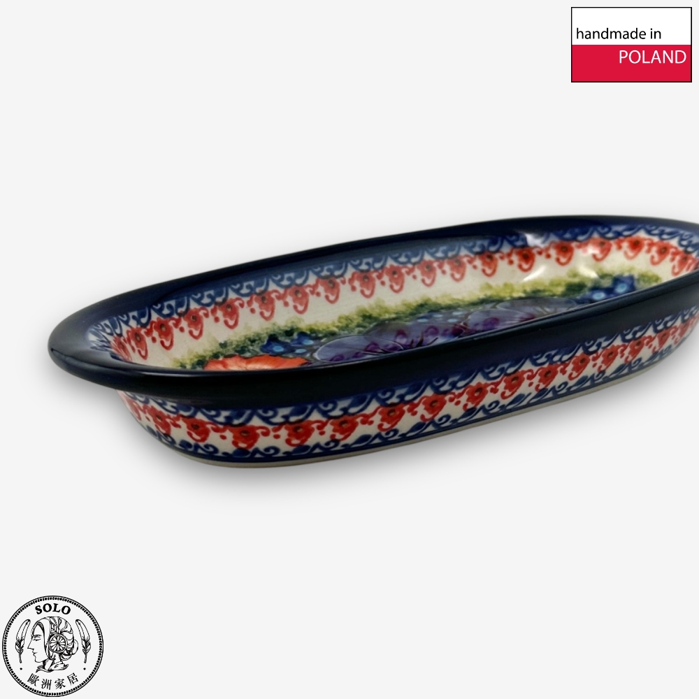 【SOLO Vintage】Cerraf Polish Pottery 19cm Oval Plate Red and Blue Blossoming Elegance Series Made in Poland, , large