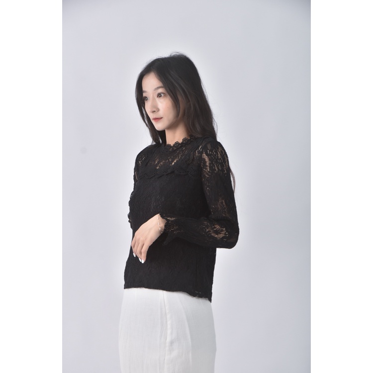 (S) 質感蕾絲圓領黑色長袖上衣二手衣, , large