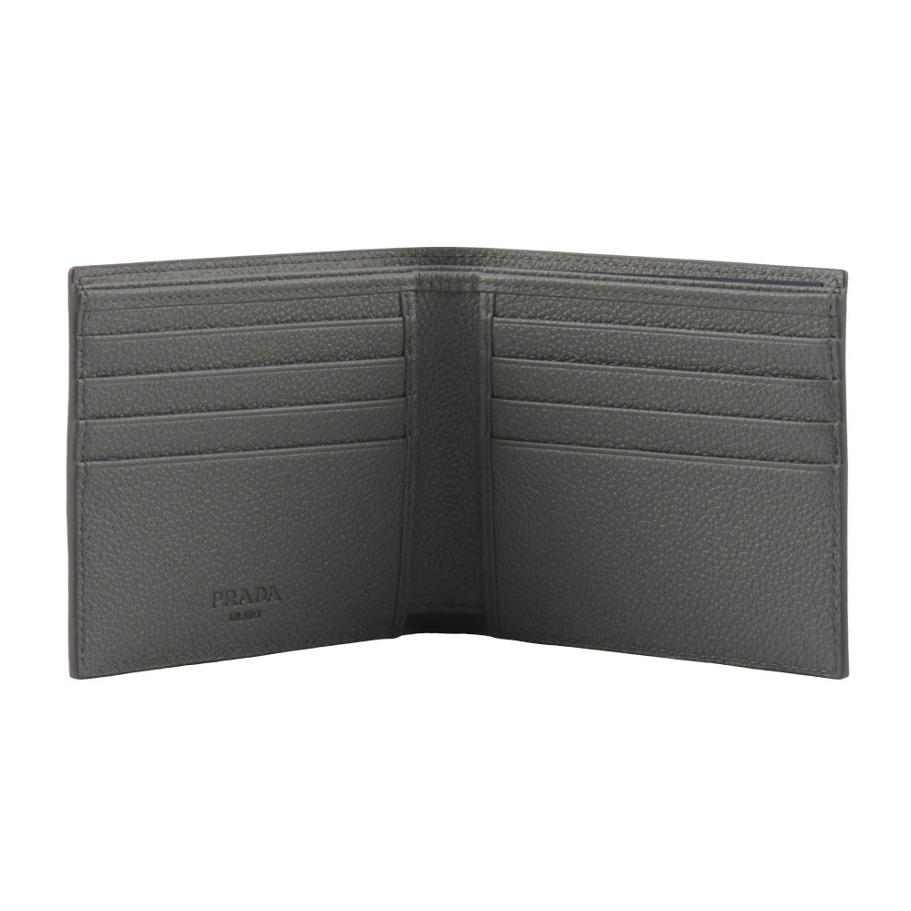 PRADA 三角牌Logo粒紋牛皮對開8卡短夾/灰色, , large