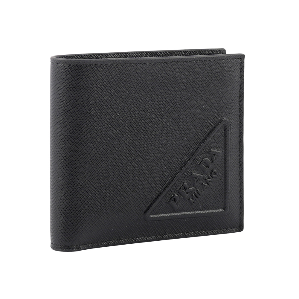PRADA 浮雕壓印三角牌Logo 防刮皮革對開8卡短夾/黑色, , large