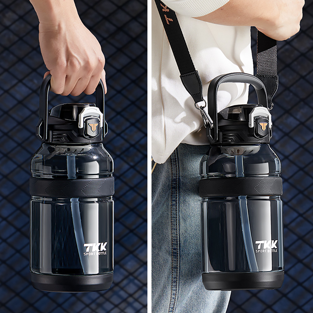 【TKK】美國進口Tritan戶外攀峰 手提+背帶 直飲+吸管大容量 運動水壺1200ML(附背帶)-電光白, , large