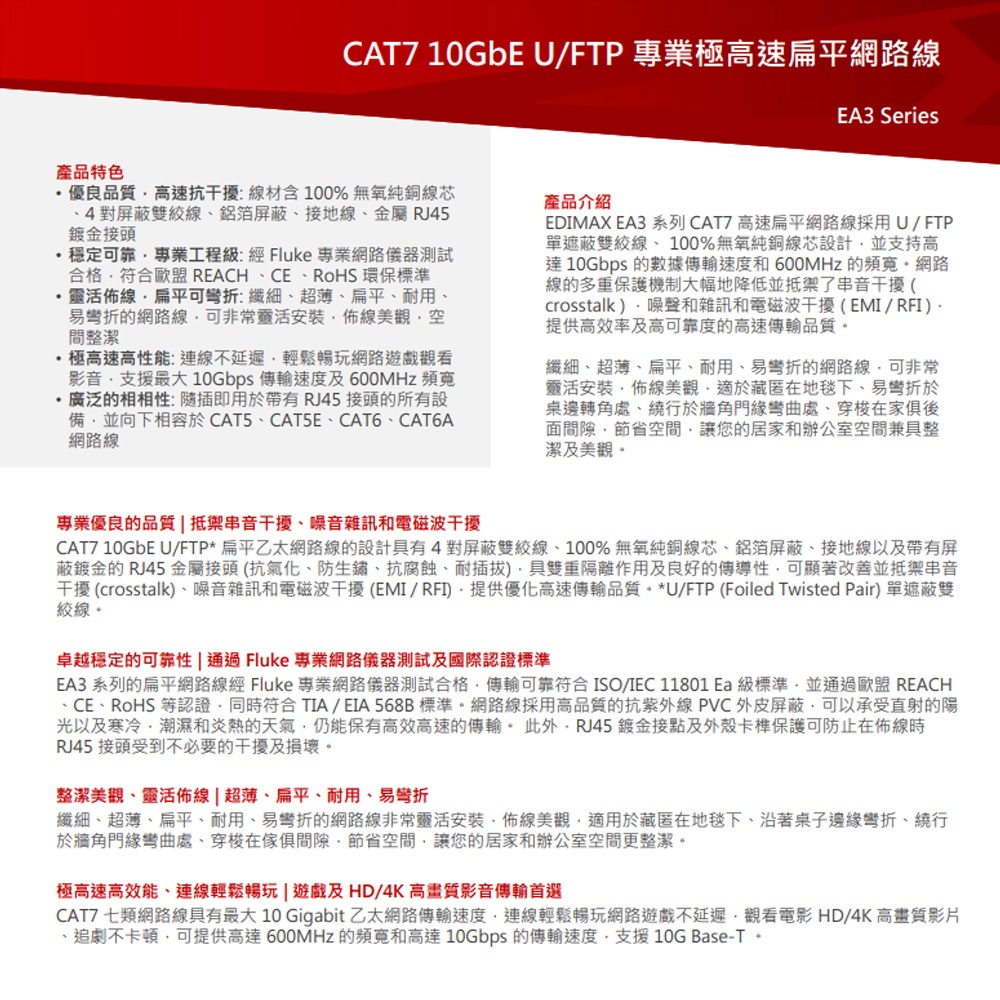 昌運監視器 EDIMAX 訊舟 EA3-030SFA CAT7 專業極高速扁平網路線, , large
