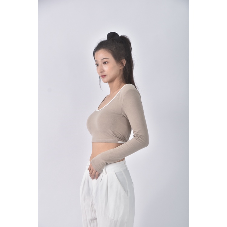 (S) 【安于晴Charlene私服】質感修身短版露背杏色長袖上衣二手衣, , large