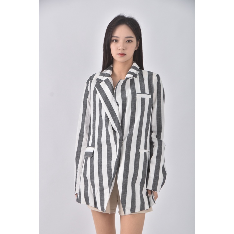 (S) easy zone質感亞麻棉質條紋灰色外套二手衣, , large