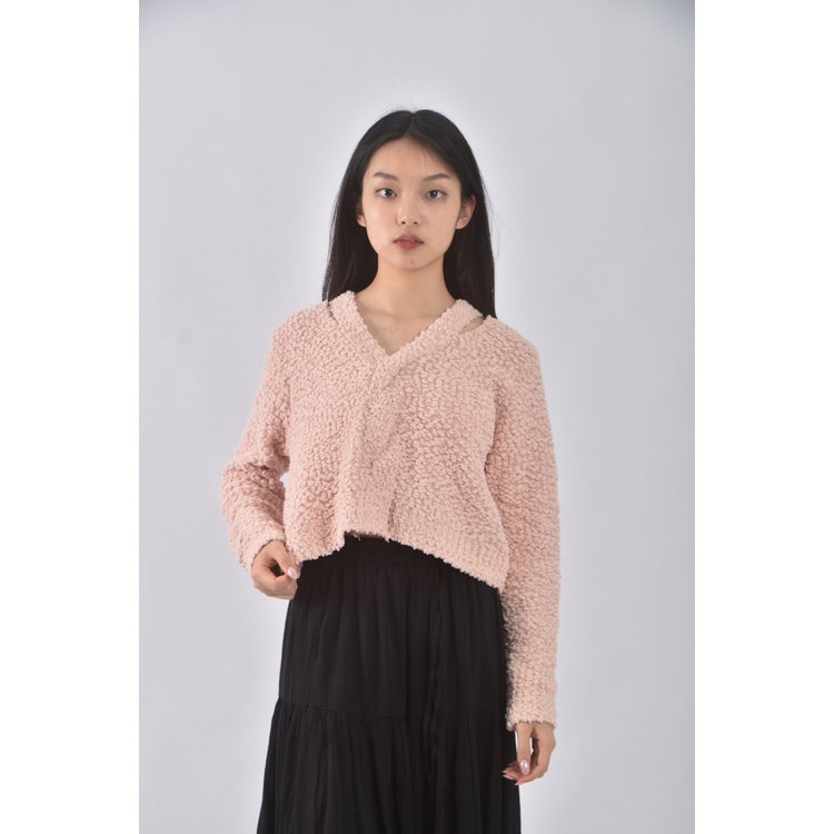(M) knitpia韓牌質感修身短版V領粉色長袖上衣二手衣, , large