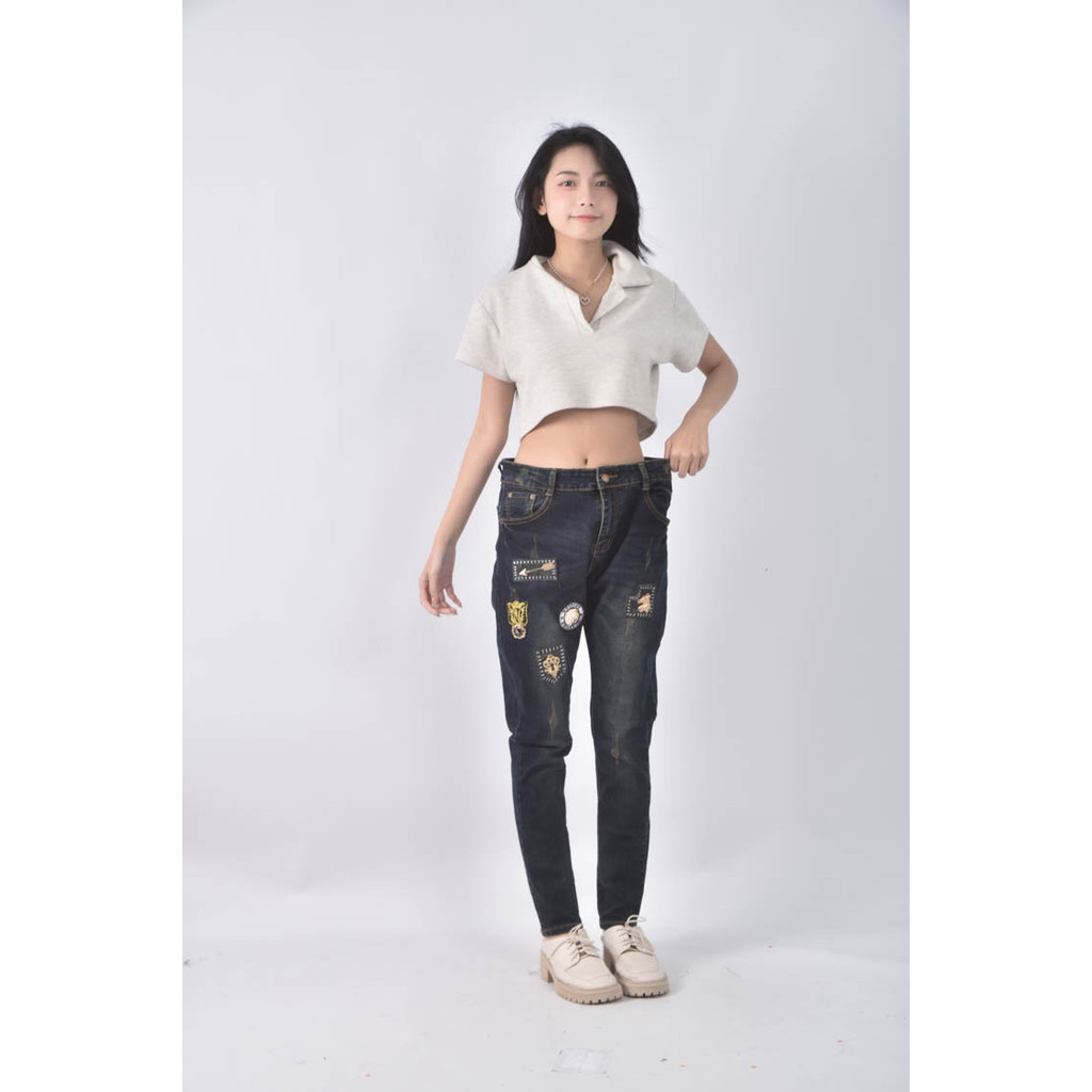 (L) 高腰丹寧牛仔棉質純棉復古藍色長褲二手衣