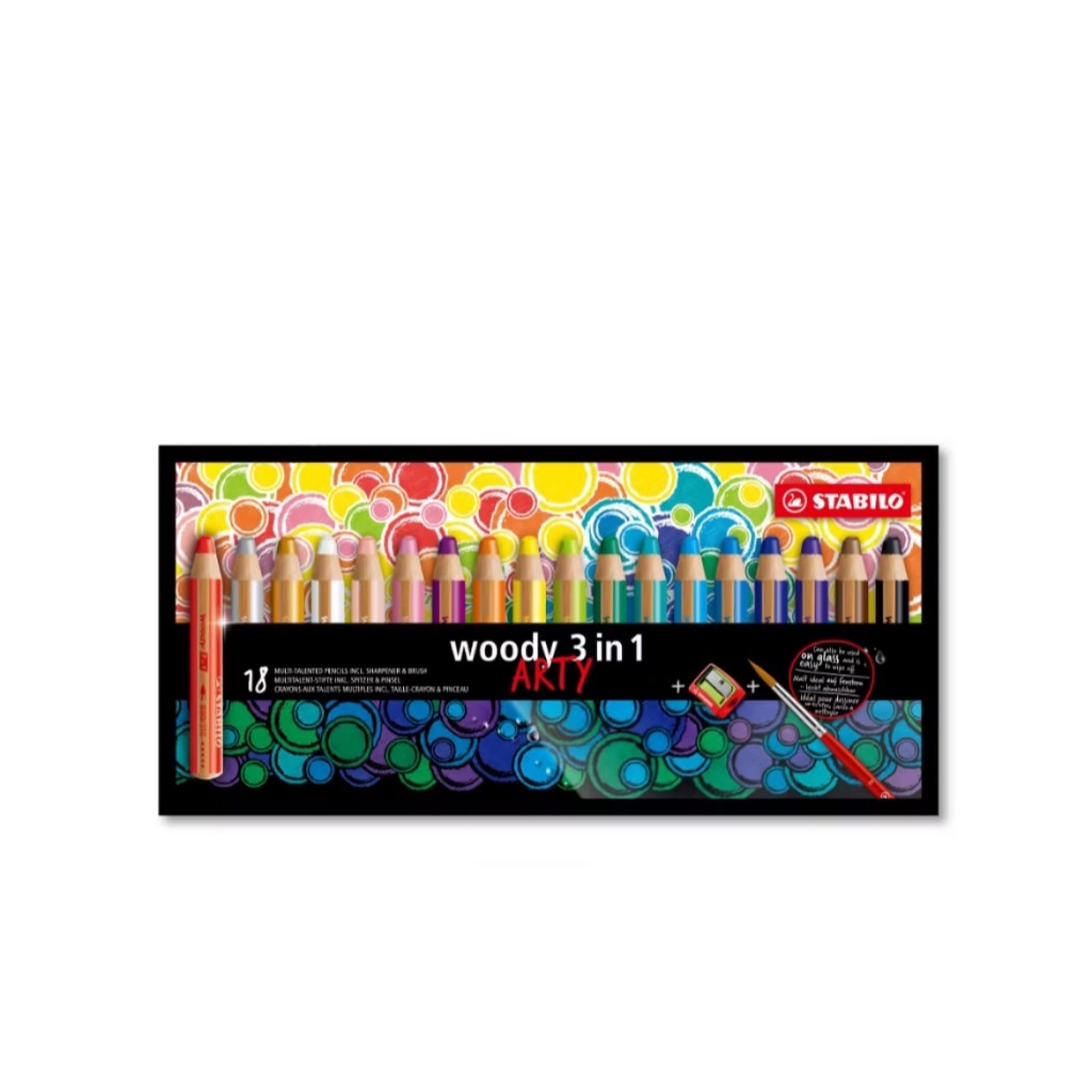 【德國天鵝STABILO】woody 3 in 1 ARTY 伍迪樂3合1可水洗水彩粉蠟筆18色(ST880/18-1-20), , large