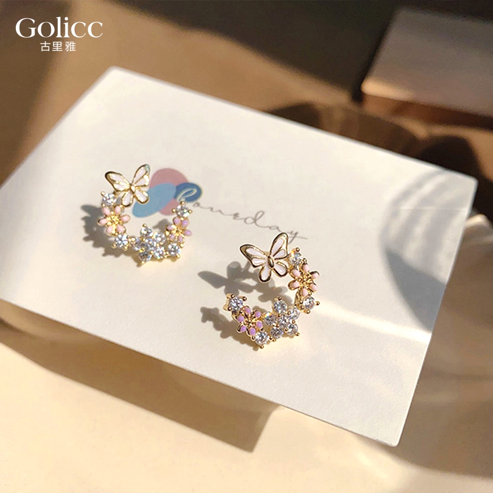 【Gulicc】古莉可 耳環 韓國蝴蝶鑲鑽花朵耳環, , large
