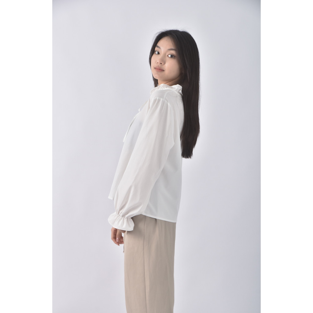 (L) 質感綁帶白色長袖上衣二手衣, , large