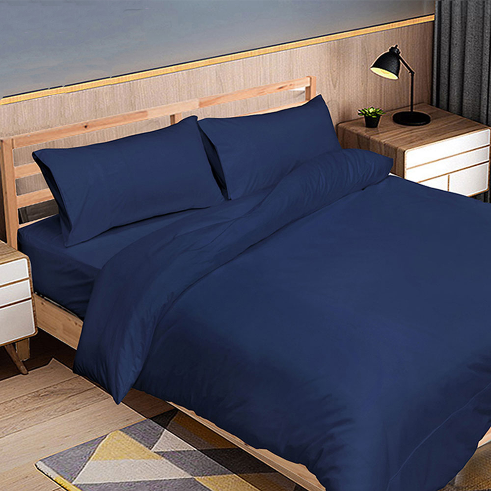 FITNESS 純棉素色雙人床包枕套組-深藍色, , large