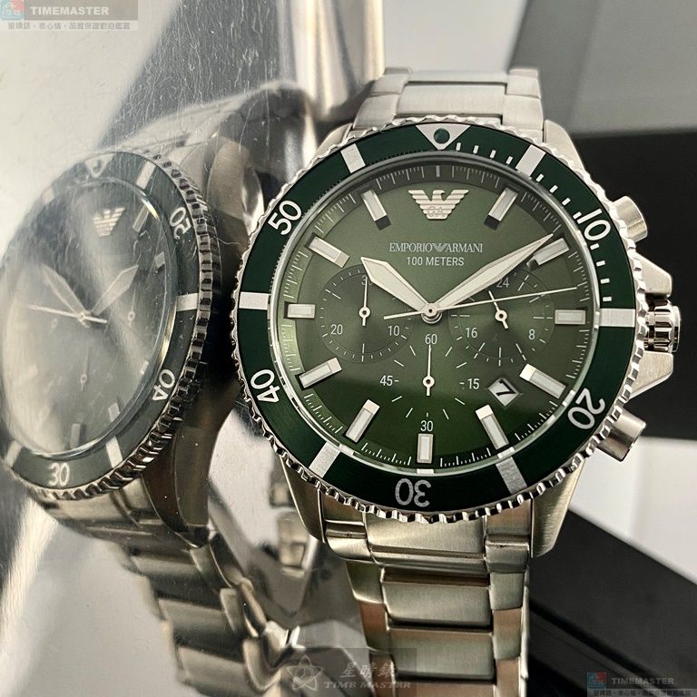 [星晴錶業]ARMANI手錶,44mm,AR00021墨綠色錶面銀錶殼銀色精鋼錶帶款, , large