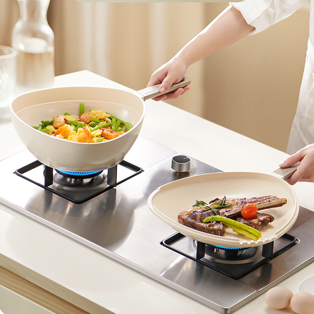 【Taste Plus】悅味元素 小資露營 居家 三角鍋 鈦+陶瓷不沾鍋 上下雙鍋組 18cm IH全對應(贈蒸盤)-珍珠白, , large