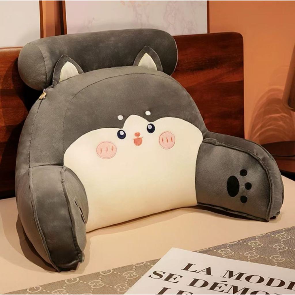 腰靠枕【黑色小哈士-65*40CM 】 可拆枕套 附贈頸枕 護腰枕 椅背枕 靠枕 65*40CM 腰靠 水晶超柔 大眼狗 大眼貓 靠枕, , large