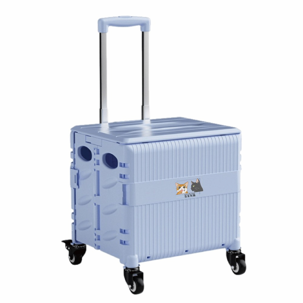 【A&R】吾家有貓多功能四輪折疊購物車 45L 靜謐藍 (萬向輪 摺疊 手拉車 收納車 拉桿 買菜 露營), , large