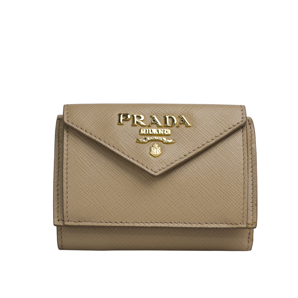 PRADA 浮雕Logo防刮皮革信封造型迷你三折短夾/藕粉色, , large