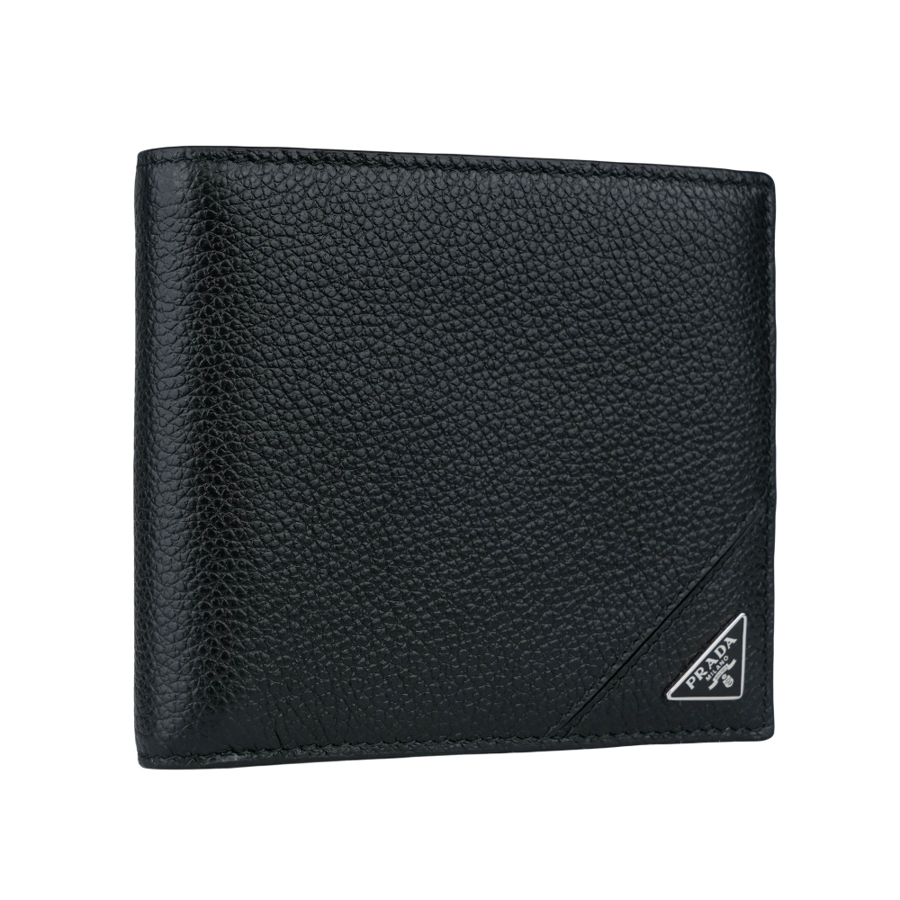 PRADA 銀字三角牌Logo 粒紋皮革對開多卡層短夾/黑色, , large