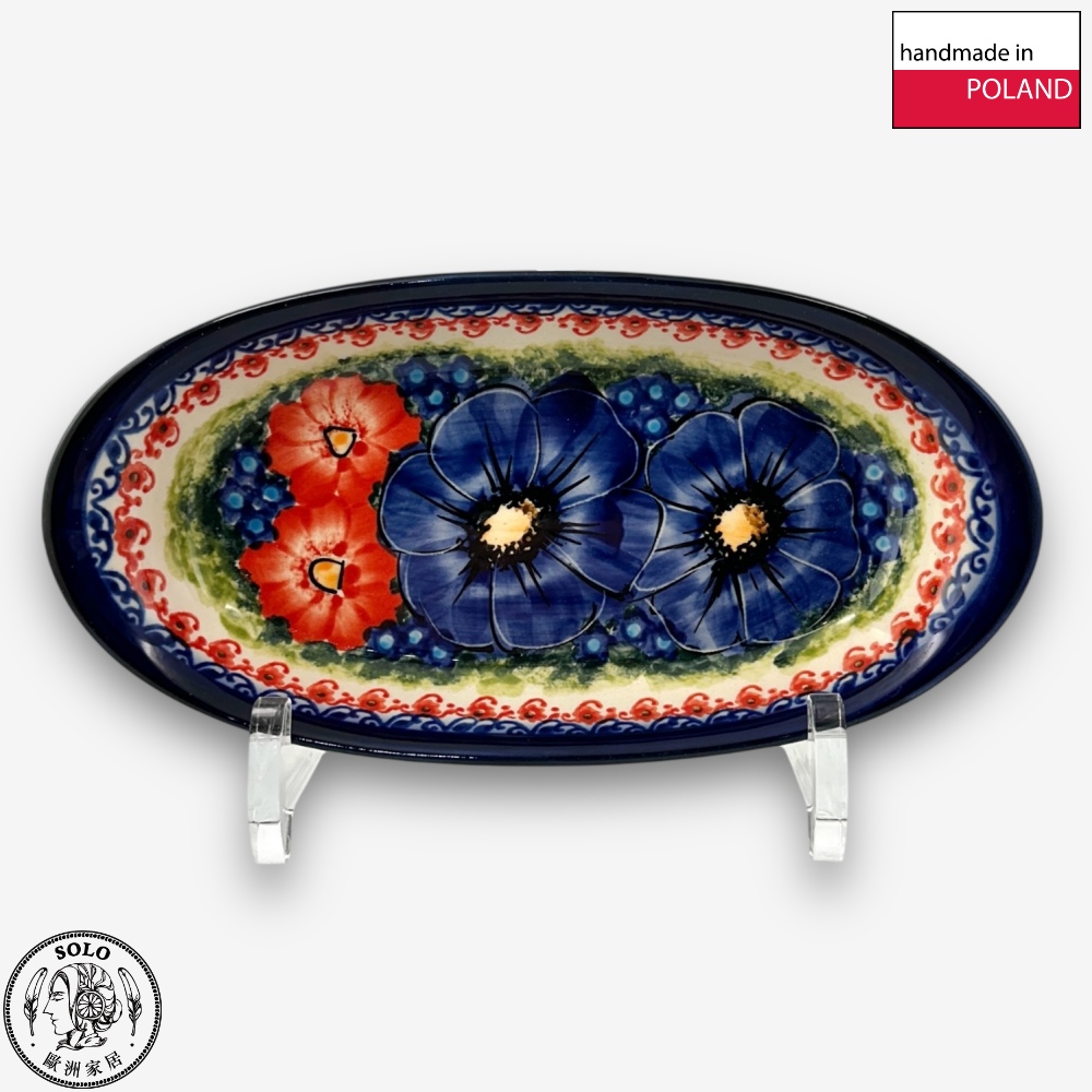 【SOLO Vintage】Cerraf Polish Pottery 19cm Oval Plate Red and Blue Blossoming Elegance Series Made in Poland, , large