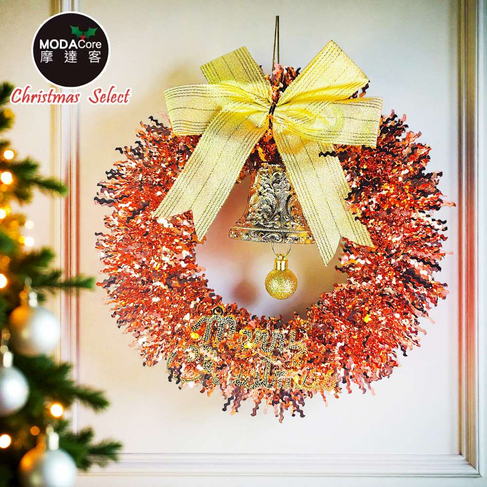 摩達客11吋優雅香檳玫金系金蔥彎絲聖誕花圈_台灣工藝免組裝_本島免運費, , large