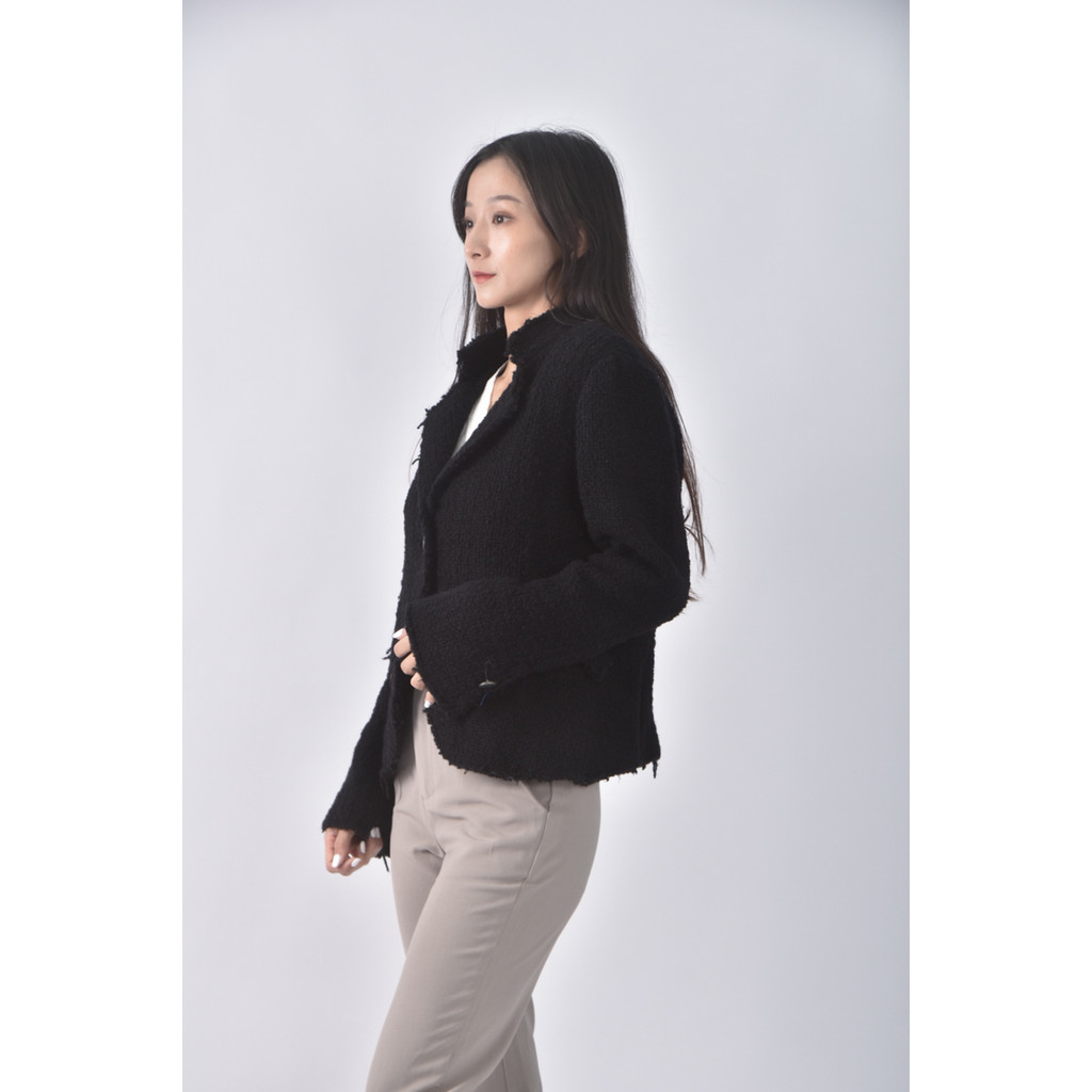 (S) zara小香風外刷毛黑色外套二手衣, , large