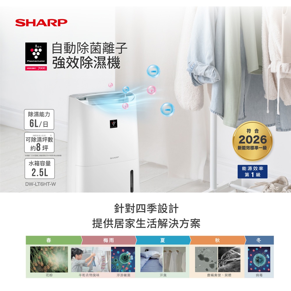 SHARP 夏普 8坪 一級節能 自動除菌離子 強效除濕機 DW-LT6HT-W, , large