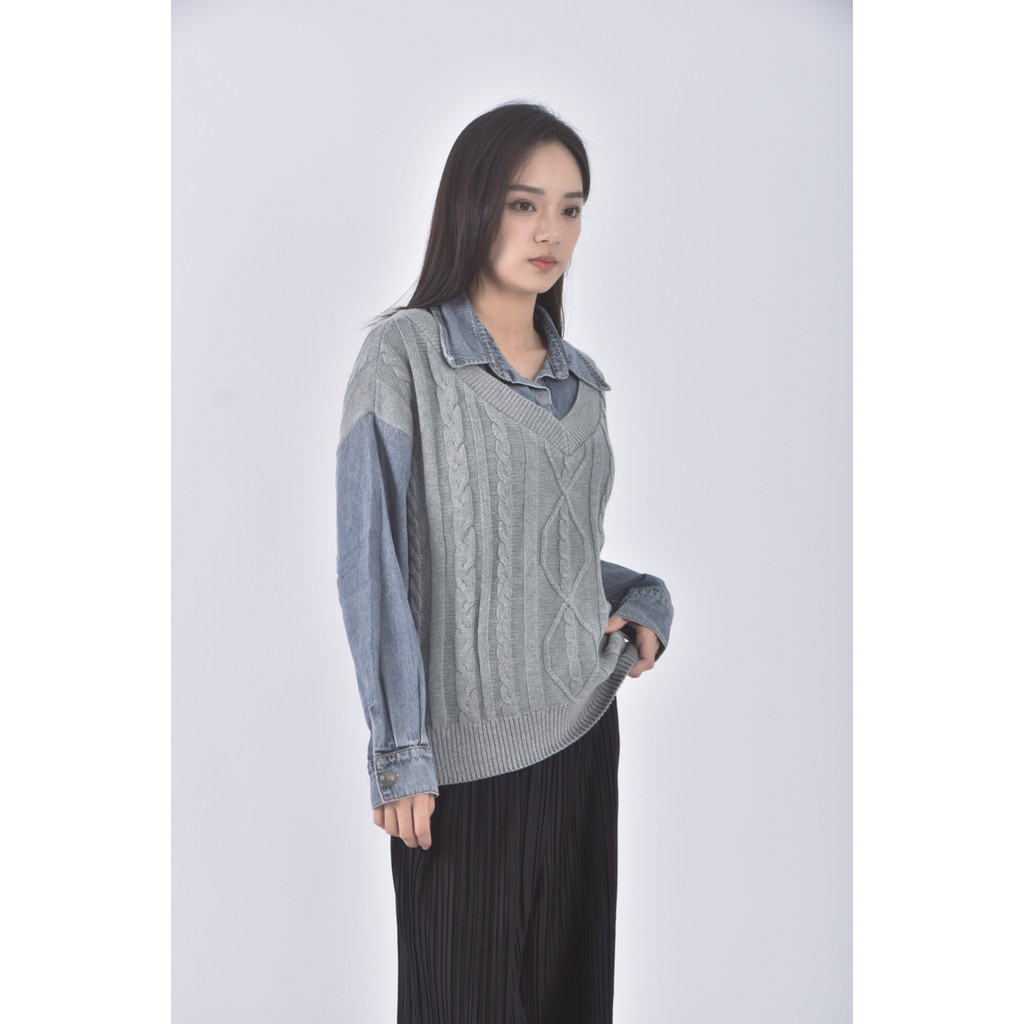 (XL) moma質感丹寧牛仔棉質假兩件藍色長袖上衣二手衣, , large
