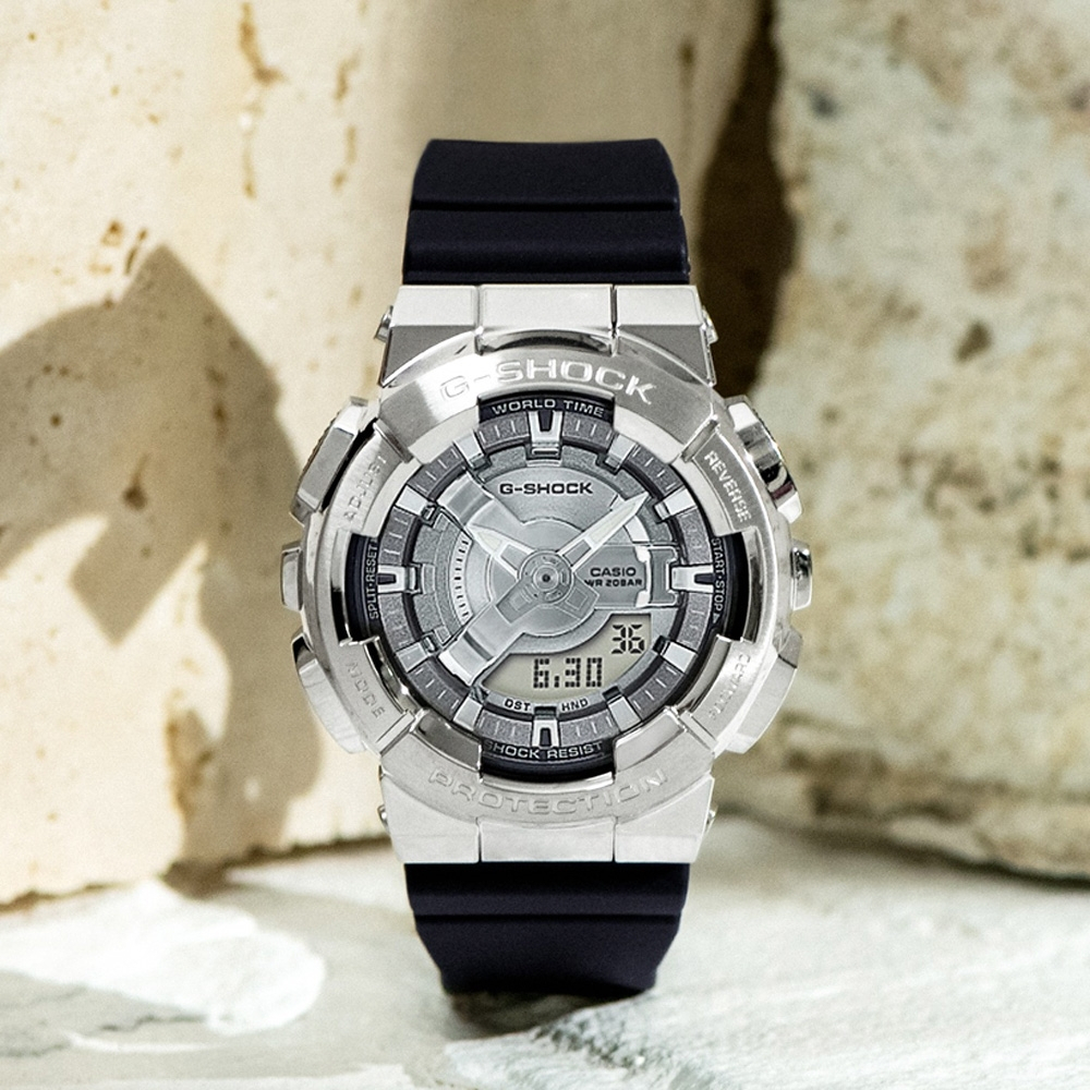 CASIO 卡西歐 G-SHOCK 金屬色雙顯電子錶-百搭銀 GM-S110-1A, , large