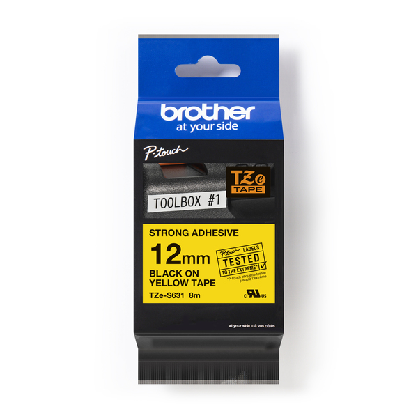 【 BROTHER】兄弟牌  黃底黑字 12mmx8M 超黏性護貝標籤帶/ 包 TZe-S631