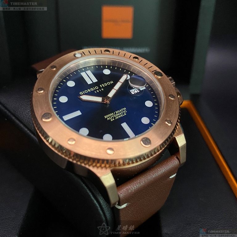 [星晴錶業]GiorgioFedon1919手錶,46mm,GF00007寶藍色錶面玫瑰金錶殼咖啡色真皮皮革錶帶款, , large