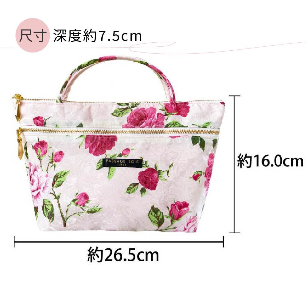 日本製 【Passage Bois】玫瑰 雙層拉鍊雙口袋抗菌手提袋, , large