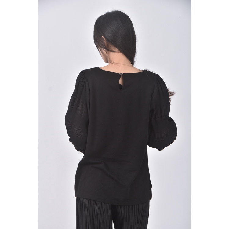 (S) marble waltz質感圓領黑色長袖上衣二手衣, , large