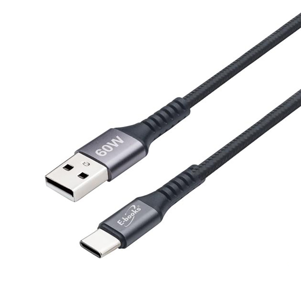 E-BOOKS XA41 Aluminum USB-A to C 60W Charging Cable-3M PD Fast Charging Supports 3A high current, , large