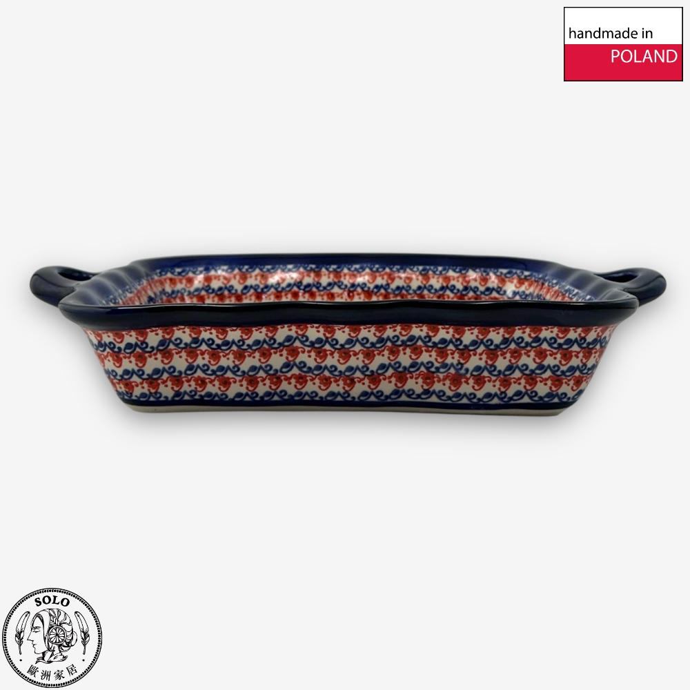 【SOLO Vintage】Cerraf Polish Pottery 30.5cm Baking Pan Dish Red and Blue Blossoming Elegance Series Made in Poland, , large