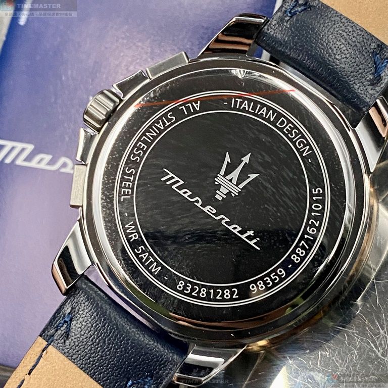 [星晴錶業]MASERATI手錶,44mm,R8871621015寶藍色錶面玫瑰金錶殼寶藍真皮皮革錶帶款, , large