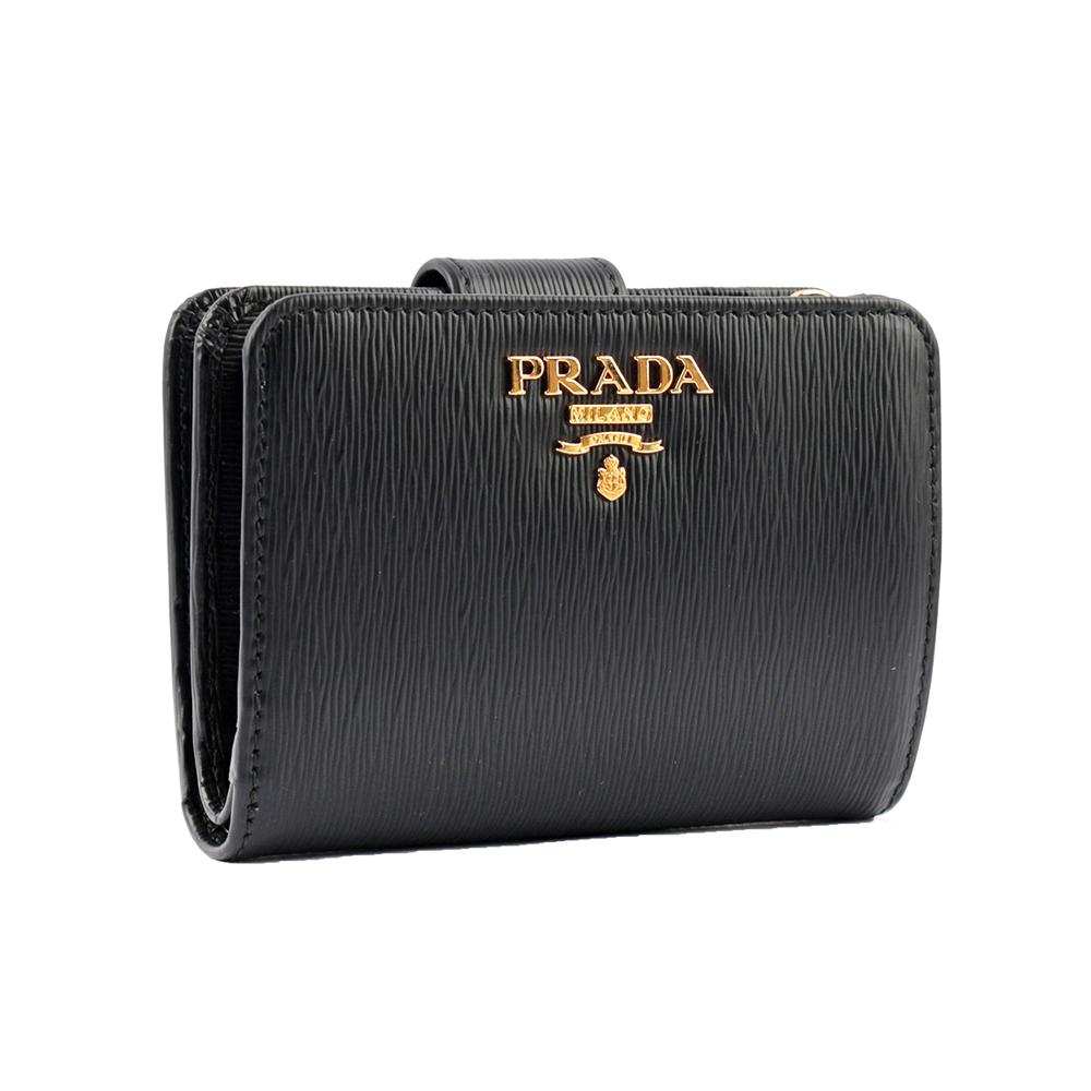 PRADA 浮雕Logo水波紋拉鍊釦式厚款零錢短夾/黑色, , large