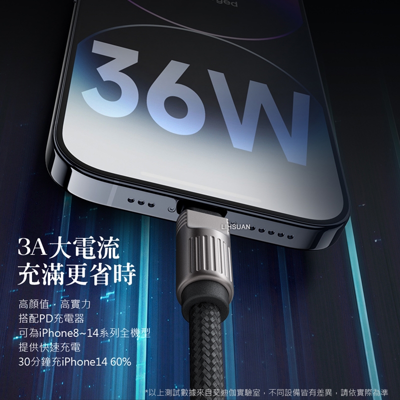 AIDOGA艾迪伽LQ DC407子彈系列Type-C to Lightning手機掛繩充電線傳輸線PD 36W 1.2M 岩黑, , large