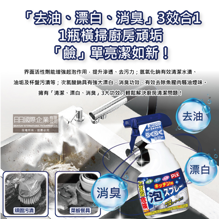 [日日好物]日本獅子化工-PIX廚房3效合1去油漂白除臭鹼性泡沫噴霧清潔劑400ml/藍白瓶(除油垢消臭泡泡洗劑,廚具,爐具,餐具,不鏽鋼濾網,砧板皆適用), , large