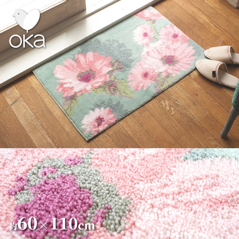 【日本Oka】日本製抗菌防臭威爾頓編織地墊60x110cm 古典玫瑰款(比利時進口織布機編織/防滑地墊設計), , large