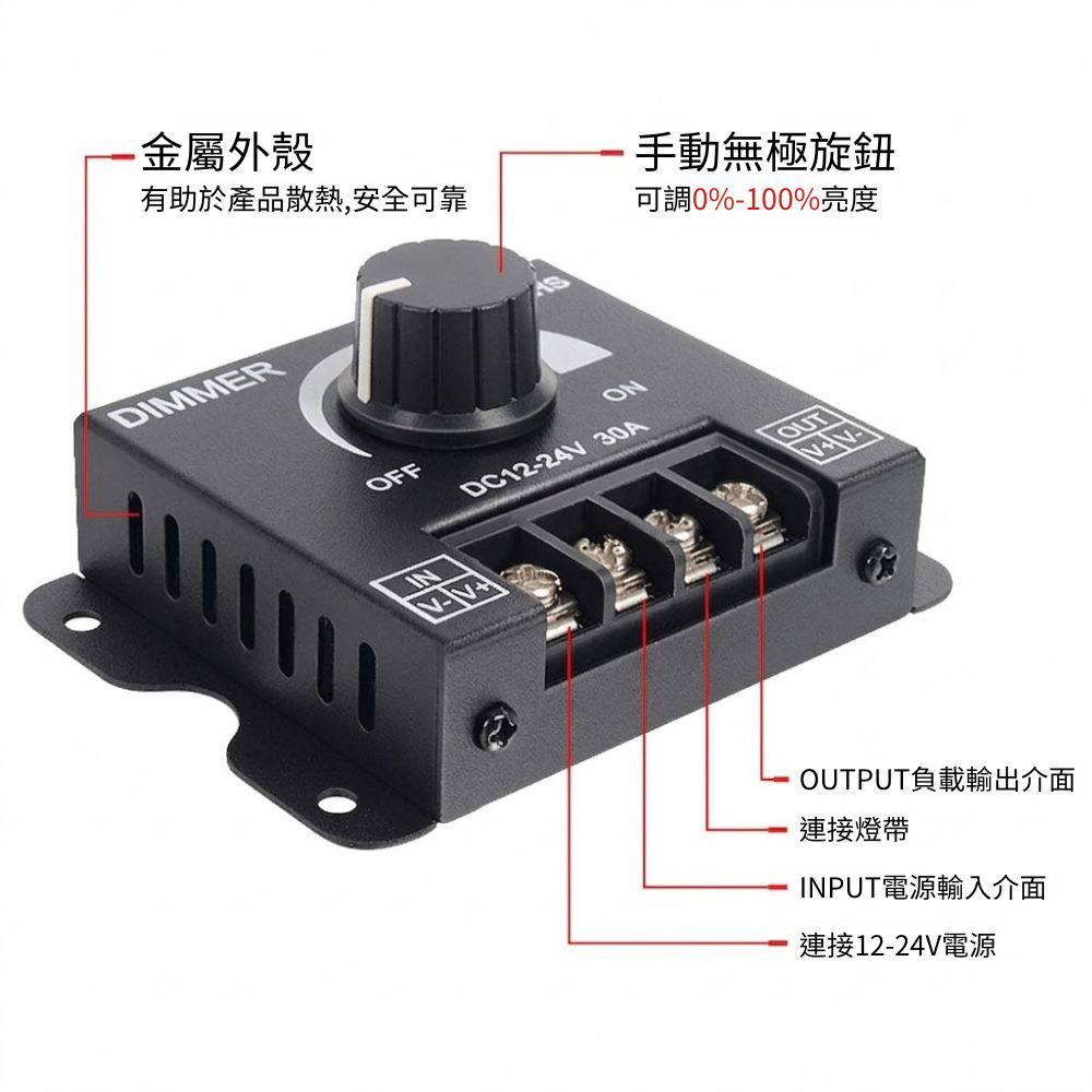 12V-24V單色燈條旋鈕式調光器30A, , large