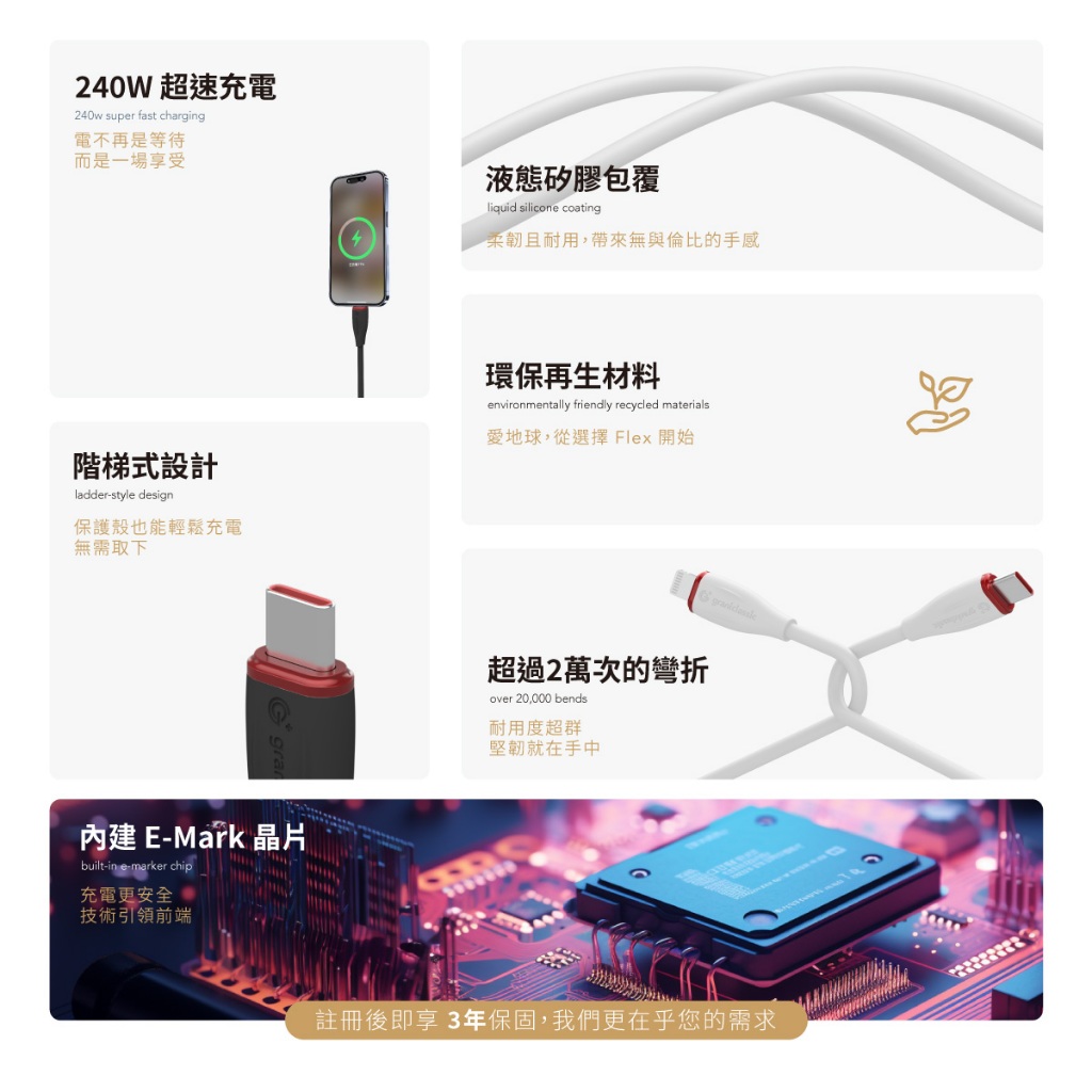 【GC】充滿希望 Type-C to Type-C /  Lightning 240W 液態矽膠充電線, , large