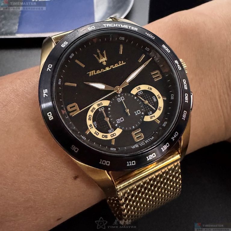 [星晴錶業]MASERATI手錶,46mm,R8873612010黑色錶面金色錶殼金色米蘭錶帶款, , large